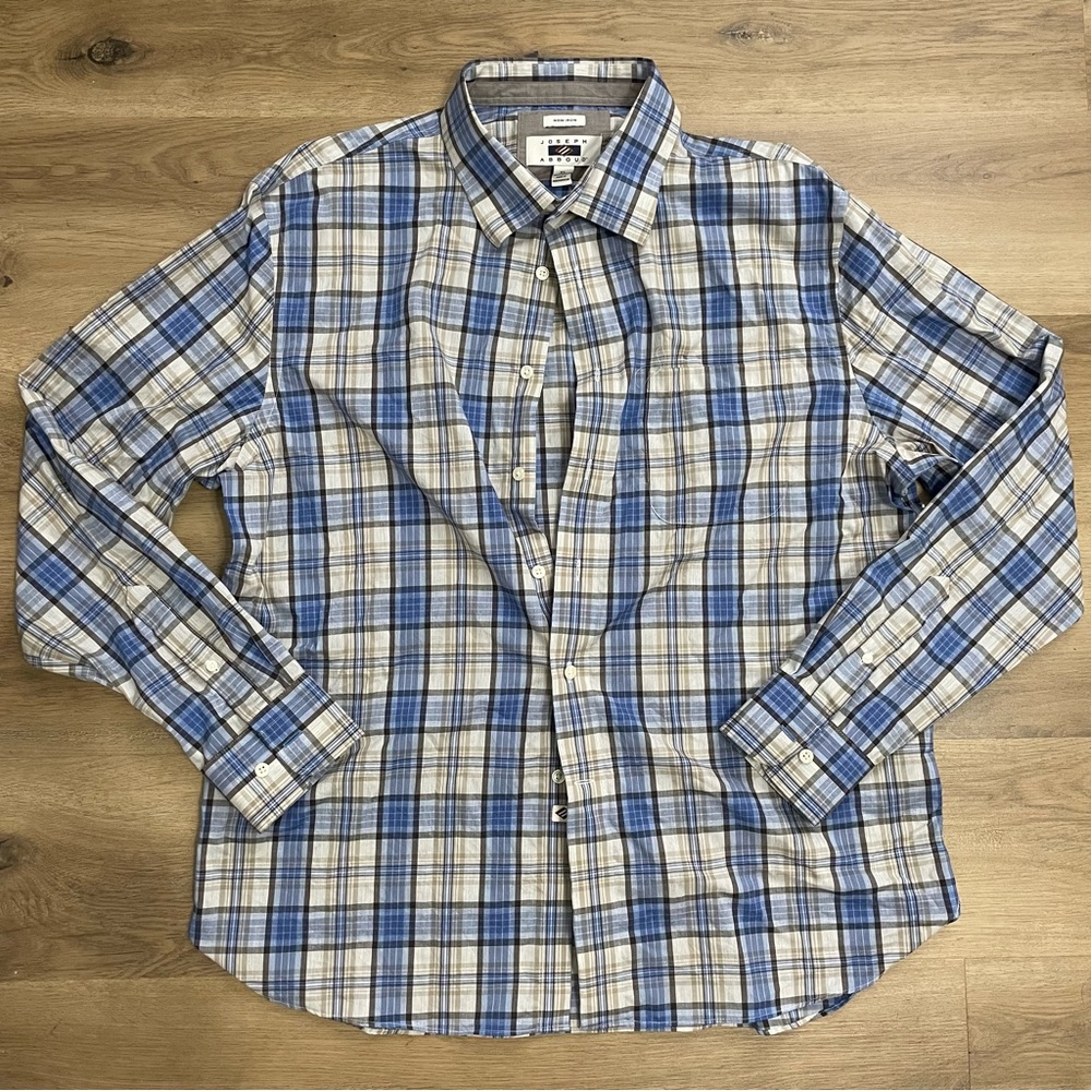 Joseph Abboud Non-Iron Collared Button Down Long Sleeve Blue Plaid Shirt, XL